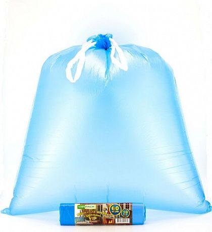 Пакеты для мусора с завязками 60 литров, 18 мкм, 10 шт. ПНД, синие, для среднетяжелого мусора прямое дно + ленты для затягивания - Вид 2