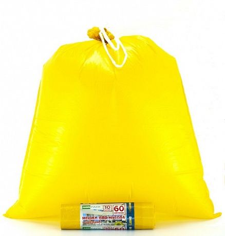 Мешки для мусора с завязками 60 литров, 40 мкм, 10 штук, ПCД, желтые - Вид 2